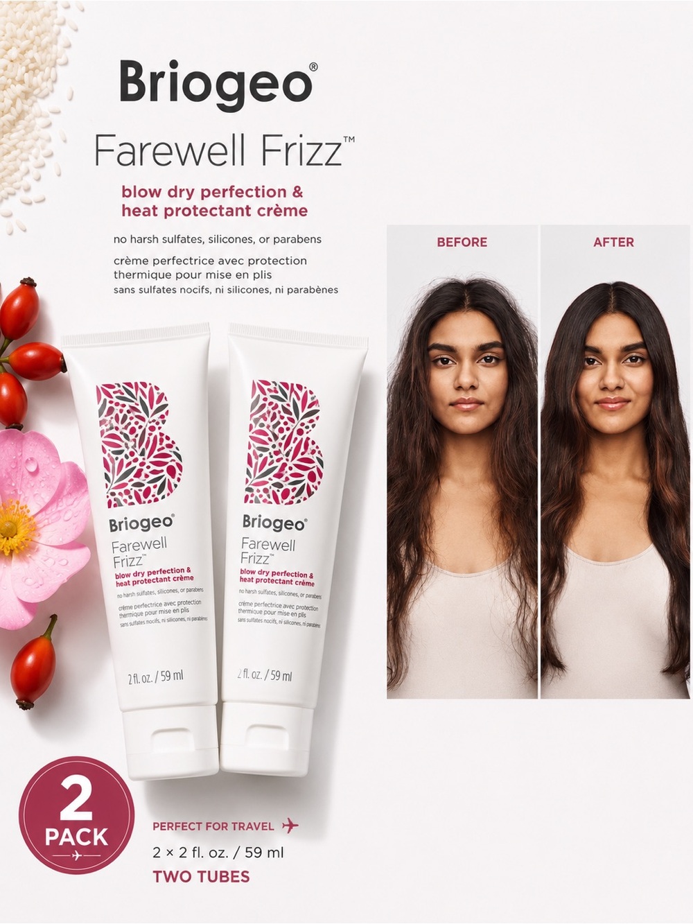 Briogeo Farewell Frizz Heat Protectant Creme - White Tube with Pink Accent